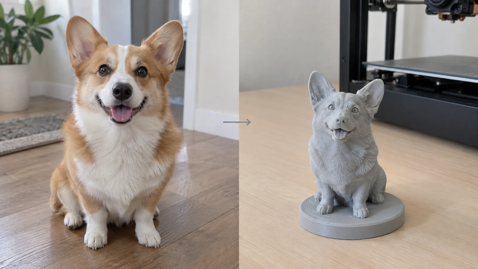A photo of a corgi next to the same dog as a 3D printed figurine on a round base