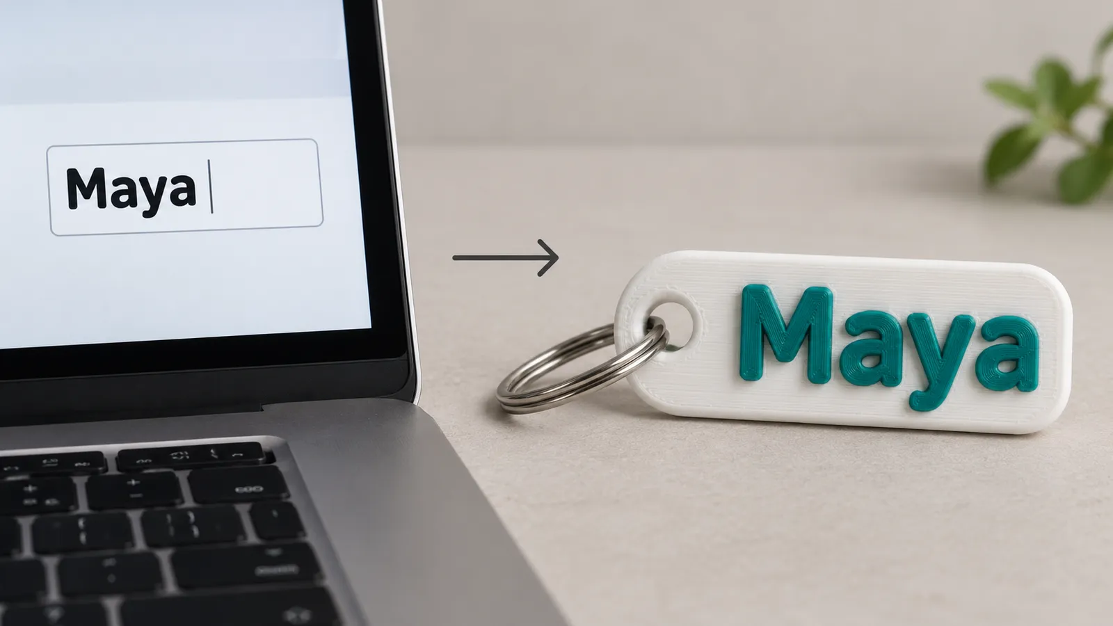 A typed name turned into a 3D printed name keychain with raised letters and a keyring hole