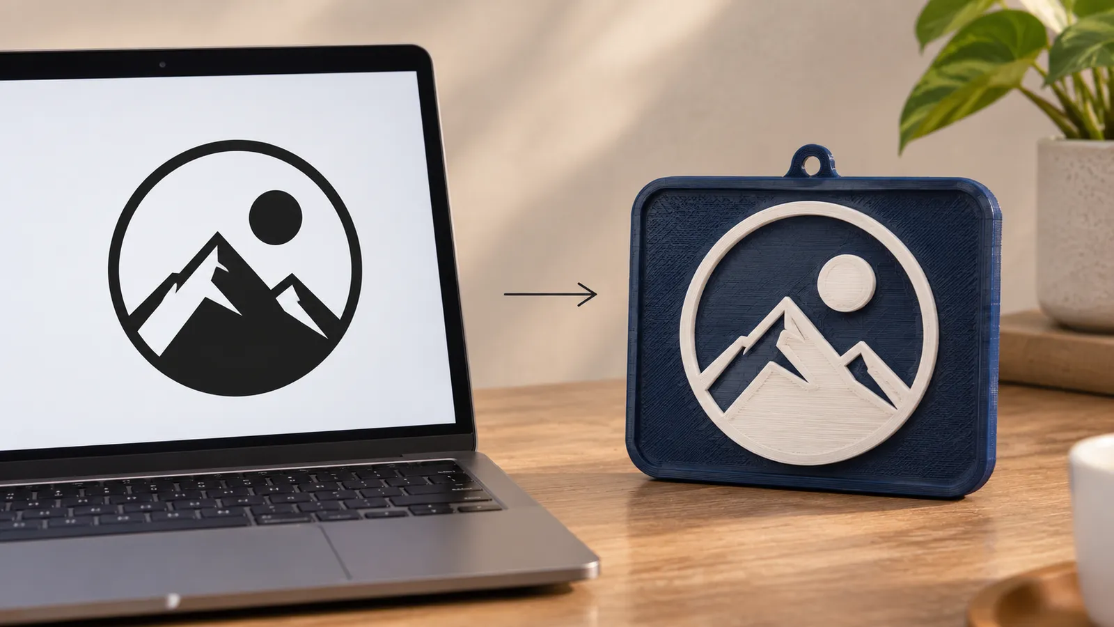 A flat logo turned into a 3D printed two-colour sign with a raised logo