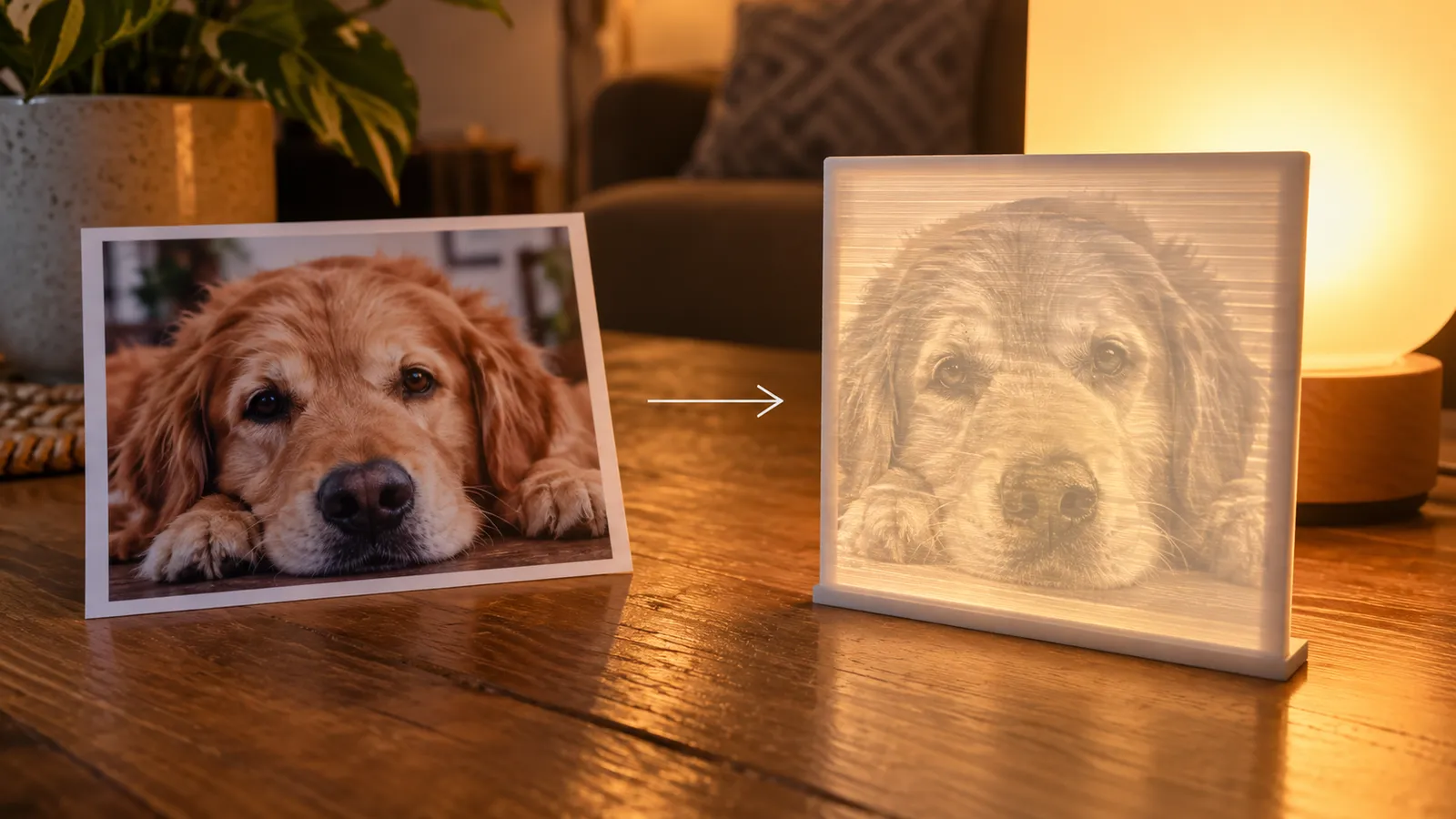A pet photo turned into a 3D printed lithophane glowing in front of a lamp