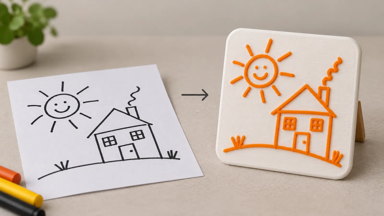 A child's marker drawing turned into a 3D printed raised plaque
