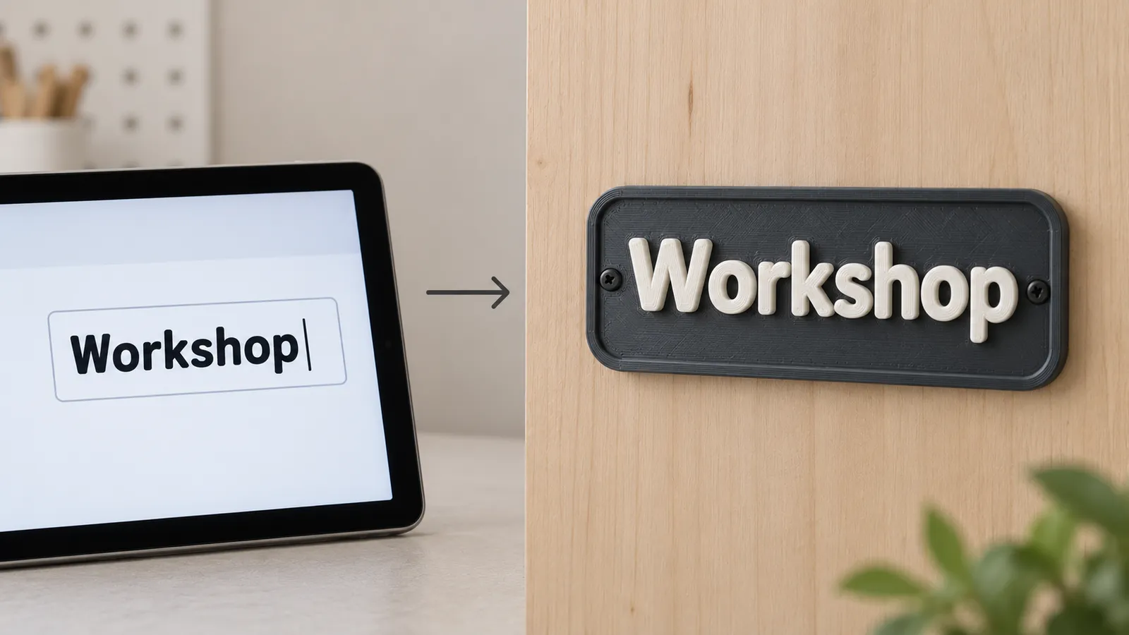 Typed text turned into a 3D printed sign with raised letters on a framed plate