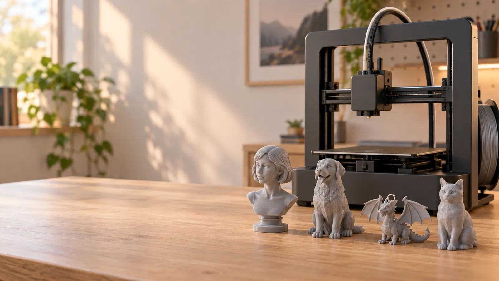 3D-printed bust, dog, dragon keychain and cat figurines next to a desktop 3D printer